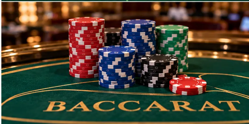Casino chips arranged on a baccarat table, illustrating betting limits and bankroll planning.