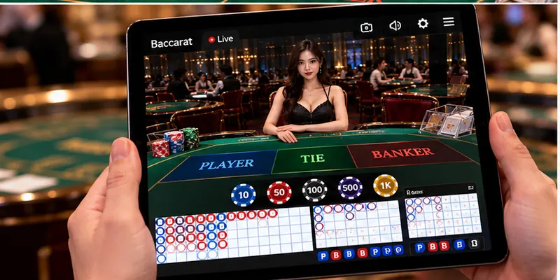 A traditional baccarat table displaying Player and Banker positions, playing cards, and dealer equipment.