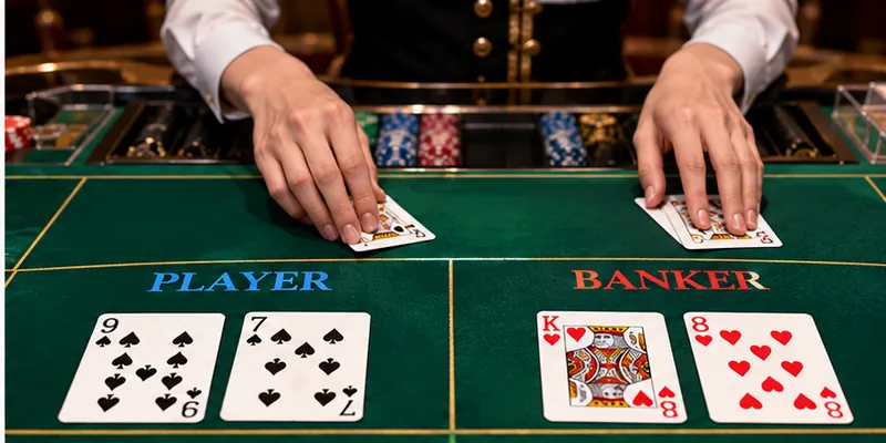 A tablet displaying a live baccarat dealer, Player and Banker betting areas, and previous round results